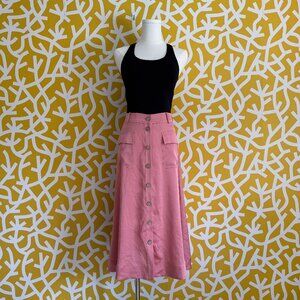 Banana Republic Silky Salmon Pink Midi Button A-Line Skirt with Pockets - 4